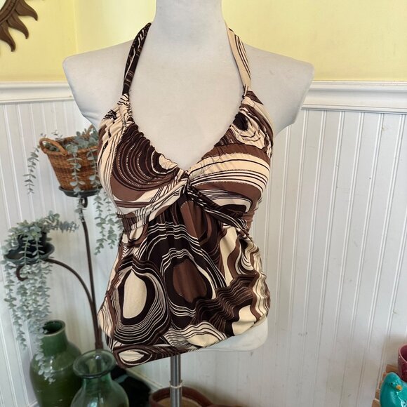 Brown & Cream Halter Tankini Top By Blue Stitch Swirled Print Adjustable Back - Picture 1 of 8